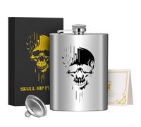 1 petaca de acero inoxidable de 8 onzas, petaca de bolsillo, con embudo y caja de regalo de tarjeta de felicitación, patrón de calavera negra, botella de alcohol, perfecta para camping, senderismo y
