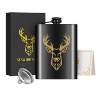 1 petaca de acero inoxidable de 8 onzas, petaca de bolsillo, con embudo y tarjeta de felicitación, caja de regalo, patrón de cabeza de ciervo dorado, botella de alcohol, perfecta para camping