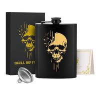 1 petaca de acero inoxidable de 8 onzas, petaca de bolsillo, con embudo y tarjeta de felicitación, caja de regalo, petaca personalizada con patrón de calavera dorada, perfecta para camping, senderismo