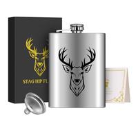 1 petaca de acero inoxidable de 8 onzas, petaca de bolsillo, con embudo y tarjeta de felicitación, caja de regalo, patrón de cabeza de ciervo negro, botella de alcohol, perfecta para camping
