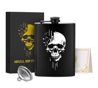 1 petaca de acero inoxidable de 8 onzas, petaca de bolsillo, con embudo y tarjeta de felicitación, caja de regalo, petaca personalizada con patrón de calavera blanca, perfecta para camping, senderismo