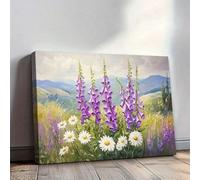 1 pezzo di stampa artistica su tela con paesaggio colorato, digitale viola e margherite bianche in un campo, dipinto per soggiorno, 60x80 cm, senza cornice