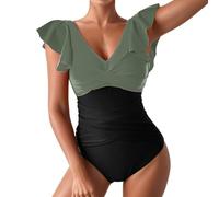 1 Piece Women Swimsuit Ruffle Slimming Bathing Suit High Waist, Army Green, L(Army Green,XL)