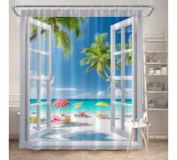 1 pieza 120x180CM "Palmera y sombrilla en una playa tropical" Cortina de ducha con gancho, poliéster, para ventanas y paredes, bañera, baño, lavable a máquina, universal para todas las estaciones.