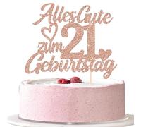 1 pieza 21 cumpleaños decoración para tarta de cumpleaños con texto en alemán "Alles Gute zum 21 Geburtstag Kuchen Deko Happy Birthday Cake Topper für 21st Jahrestag Party Kuchen Dekoration Rosegold