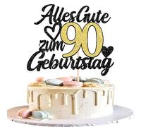 1 pieza 90th cumpleaños decoración para tartas con purpurina Feliz 90 cumpleaños decoración Happy Birthday Cake Topper para 90º aniversario fiesta decoración de tartas negro dorado