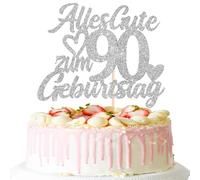 1 pieza 90th cumpleaños decoración purpurina feliz 90 cumpleaños pastel decoración Happy Birthday Cake Topper para 90º aniversario fiesta decoración de tartas plata