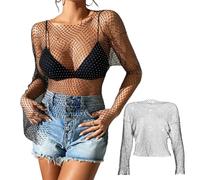 1 Pieza Blusa De Malla Negra, Manga Larga con Diamantes De Imitación Brillantes, Blusa De Malla Transparente Sexy, Blusa De Cuello Redondo De Cristal, Blusa Sin Mangas para Mujer, Ropa Formal