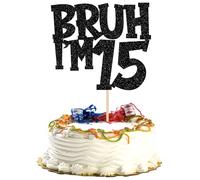 1 pieza Bruh I'm 15 Cake Topper Glitter Happy 15th Cumpleaños Decoración para Tartas Bro I'm 15 It's My 8th Birthday Pastel Decoración para Saludos de 15 Años Cumpleaños Fiesta Pastel Decoración Negro