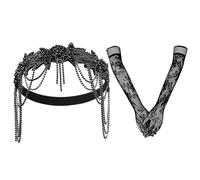 1 Pieza De Accesorios Retro Para El Cabello Con Diamantes Negros, 1 Pieza De Guantes De Encaje, Exquisito Tocado Con Borlas, Ropa Con Guantes, Adecuada Para Bodas, Bailes, Fiestas De Cumpleaños.