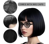 1 Pieza De Cabeza Bob Negra, 1 Paquete De Gorro Para El Cabello, 1 Pieza De Anteojos Y 1 Pieza De Collar, Peluca Clásica De Cabello Corto, Cabello Liso De Simulación, Cambio De Forma.