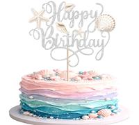 1 pieza de decoración para tartas con purpurina Happy Birthday Cake Topper verano estrella de mar decoración para el océano concha temática cumpleaños fiesta pastel decoración plata