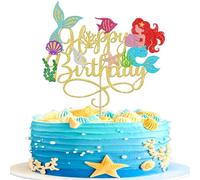 1 pieza de decoración para tartas de sirena con purpurina Happy Birthday Cake Topper concha estrella de mar cola de sirena decoración para verano tema cumpleaños fiesta decoración de pasteles dorado
