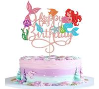 1 pieza de decoración para tartas de sirena con purpurina Happy Birthday Cake Topper concha estrella de mar cola de sirena decoración para verano tema cumpleaños fiesta pastel decoración de color oro