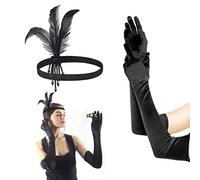 1 pieza de joyería de plumas negras con 1 par de guantes negros largos, accesorio para el pelo de rendimiento escénico, accesorio de cosplay para mujer, estilo retro