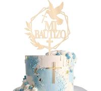 1 Pieza de Madera Española Mi Bautizo Decoración para Tartas Cruz Primera Comunión Pastel Decoración Religiosa Dios Bendice Topper para Baby Ducha Niño Niña Tema Fiesta