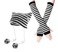 1 Pieza De Sombrero De Punto De Orejas De Gato, 1 Par De Guantes A Rayas En Blanco Y Negro, Sombrero De Punto A Rayas En Blanco Y Negro, Sombrero De Rayas Personalizado Y Lindo