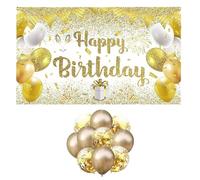 1 pieza de tela de fondo de bandera de feliz cumpleaños de 180 x 110 cm con 10 globos de lentejuelas doradas, decoraciones de fiesta, bandera colgante de decoración de atmósfera de celebración (oro)