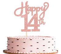 1 pieza Happy 14th Cake Topper Glitter Happy 14th Cumpleaños Decoración para Tartas de 14 Años de Edad para 14º Aniversario Cumpleaños Fiesta Pastel Decoraciones Oro Rosa