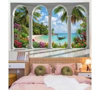 1 Pieza Tapiz De Arcades Palmeras Playas 200x150cm Estilo De Resort Tropical Europeo Decoración Artística De La Pared Colgante Tela De Fondo Rodaje Para La Decor De Fiestas En El Hogar, Azul