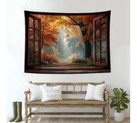 1 Pieza Tapiz De Arces Rojos Ligera Neblina 200x150cm Vista De Ventana Otoñal Vintage Decoración Artística De La Pared Colgante Tela De Fondo Rodaje Para La Decor De Fiestas En El Hogar, Naranja