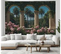 1 Pieza Tapiz De Columnas Romanas Palmeras Hortensias 100x75cm Jardín Clásico Europeo Decoración Artística De La Pared Colgante Tela De Fondo Rodaje Para La Decor De Fiestas En El Hogar, Verde Salvia