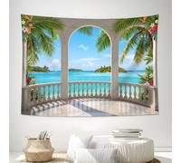 1 Pieza Tapiz De El Mar El Balcón Las Palmeras 200x150cm Estilo Tropical Europeo Decoración Artística De La Pared Colgante Tela De Fondo Rodaje Para La Decor De Fiestas En El Hogar, Azul Turquesa
