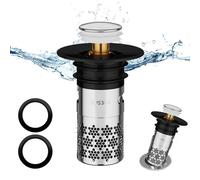 1 Pieza Tapón de Lavabo Universal, Tapón de Lavabo Universal Pop Up, Tapon Lavabo Baño en Acero Inoxidable, con 2 Juntas de Silicona y Cesta Antiobstrucción, Para baño, lavamanos,bañera(33-40mm)-Negro