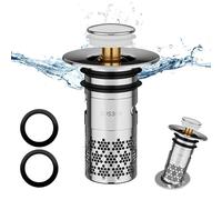 1 Pieza Tapón de Lavabo Universal, Tapón de Lavabo Universal Pop Up, Tapon Lavabo Baño en Acero Inoxidable, con 2 Juntas de Silicona y Cesta Antiobstrucción, Para baño, lavamanos,bañera(33-40mm)-Plata