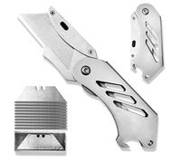 1 piezas Cúter Plegable, Cuchillo Utilitario, Cuchillo Plegable, Cúter Profesional, Equipado con 10 cuchillas reemplazables de acero inoxidable 420, ideal para cortar plástico, madera, papel(Plateado)