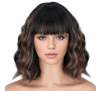 1 por ciento de peluca Bob con flequillo, pelucas cortas rizadas de 12 pulgadas, cabello falso de color marrón de seda de alta temperatura para mujeres uso diario de fiesta.