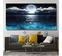 1 póster y lámina de paisajes modernos de océano y luna nocturna, pintura sobre lienzo, decoración de pared para interiores (35x70cm/sin marco)