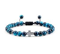 1 pulsera de piedra natural de 6 mm y 8 mm, con colgante de cruz de Jesús, hecha a mano, pulseras espaciadoras elásticas, regalo para amigos, azul real, 6 mm