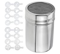 1 salero de azúcar para harina, 16 moldes para arte de café con leche, esparcidor de acero inoxidable, tamiz para coctelera de café en polvo, botella de condimento de malla fina, apto para pan, postre