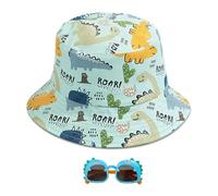 1 Sombrero De Cubo De Dinosaurio, 1 Par De Gafas De Sol De Dinosaurio, Sombrero Con Estampado De Dibujos Animados, Sombrero Para El Sol De Barril, Sombrero De Playa, Adecuado Para Niños Y Niñas