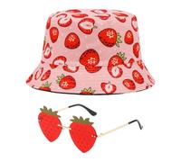 1 Sombrero De Cubo De Fresa Y 1 Pieza De Gafas De Fresa, Sombrero De Protección Solar para Mujer, Sombrero De Protección UV, Gafas De Sol Creativas, Gafas De Sol De Fiesta, Accesorios De Moda