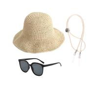 1 Sombrero De Paja, 1 Cuerda A Prueba De Viento Y 1 Par De Gafas De Sol Con Protección Solar, Sombrero De Paja De Ala Ancha Para Mujer, Adecuado Para Las Vacaciones De Verano.