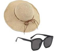 1 Sombrero de Paja, 1 Gafas de Sol, Sombrero de Verano para Mujer, Sombrero para el Sol para Mujer, Sombrero para el Sol Plegable para Mujer, Sombrero de Playa