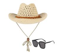 1 Sombrero De Vaquero Hueco, 1 Par De Gafas De Sol, Sombrero Retro Ajustable, Ala Ancha Para El Sol, Pesca Y Camping