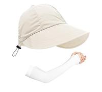 1 sombrero de visera de sol beige para mujer con 1 par de mangas de protección solar, sombrero de playa de ala ancha para exteriores, se puede utilizar para camping, viajes, pesca, compras, beige, 58