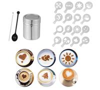 1 Tamiz Café, Espolvoreadores de Acero Inoxidable, con 16 Plantillas de Café,1 Cuchara MedidoraIdeal y 1 Bolígrafos de Arte de Latte para Decorar y Dibujar en tu Postre y Café
