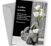 1 tarjeta de condolencia, tarjeta de condolencia, con texto y sobre, tarjeta plegable con texto y texto en alemán "Beerfunung Anteilnah", elegante, flores blancas, delicadas y piedras, tarjetas de