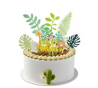 1 tarjeta de cumpleaños con diseño de animales, 7 hojas verdes, juego de decoración de tartas, decoración de tartas de hojas verdes, tarjeta para cupcakes, diseño de selva