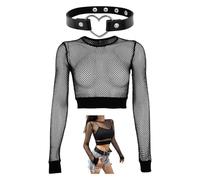 1 Top De Malla Hueca, 1 Garilla En Forma De Corazón, Traje Sexy Negro, Top De Malla De Manga Larga Corta, Ropa De Mujer Sexy