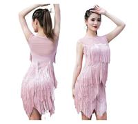 1 Uds. Vestido de Baile Latino Rosa for Mujer, sin Mangas, Malla con Flecos y borlas, Ropa salón for Rumba Cha Salsa, práctica actuación para Danza(S)