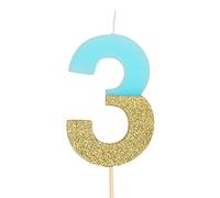 1 Unidad - Vela de Cumpleaños (número 3) de Color Azul Pastel con Efecto Glitter Dorado de 7 cm - Decoración para tartas, Cumpleaños, Aniversario de Bodas, Fiesta de Graduación.