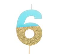 1 Unidad - Vela de Cumpleaños (número 6) de Color Azul Pastel con Efecto Glitter Dorado de 7 cm - Decoración para tartas, Cumpleaños, Aniversario de Bodas, Fiesta de Graduación.
