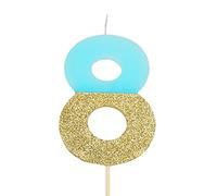 1 Unidad - Vela de Cumpleaños (número 8) de Color Azul Pastel con Efecto Glitter Dorado de 7 cm - Decoración para tartas, Cumpleaños, Aniversario de Bodas, Fiesta de Graduación.