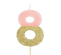 1 Unidad - Vela de Cumpleaños (número 8) de Color Rosa Pastel con Efecto Glitter Dorado de 7 cm - Decoración para tartas, Cumpleaños, Aniversario de Bodas, Fiesta de Graduación.