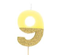 1 Unidad - Vela de Cumpleaños (número 9) de Color Amarillo Pastel con Efecto Glitter Dorado de 7 cm - Decoración para tartas, Cumpleaños, Aniversario de Bodas, Fiesta de Graduación.